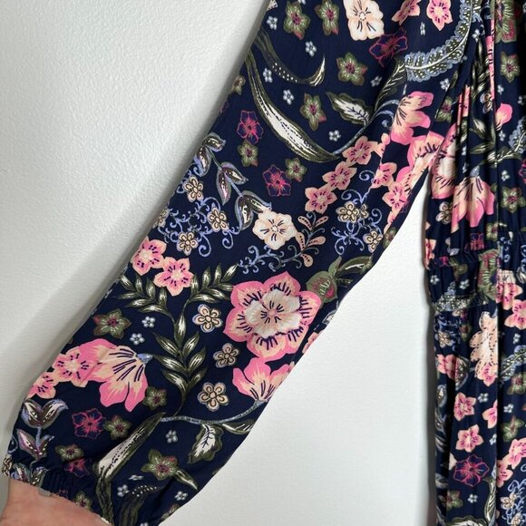 LOFT Shirred Flounce Tiered Midi Dress Navy Blue Floral Boho XL - Picture 3 of 9